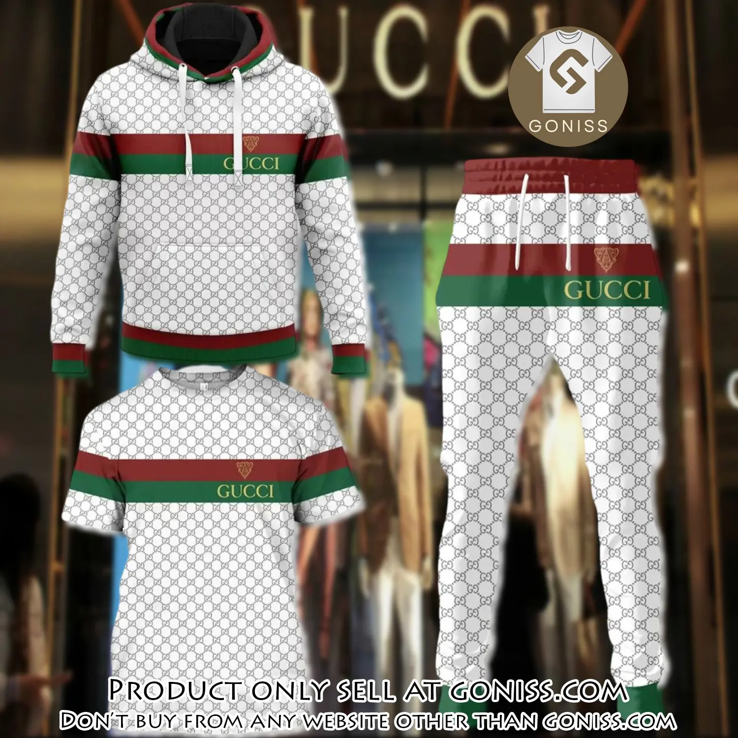 Gucci red green pattern white unisex tshirt hoodie long pants set luxury brand clothing special gift outfit for men women gn0106375